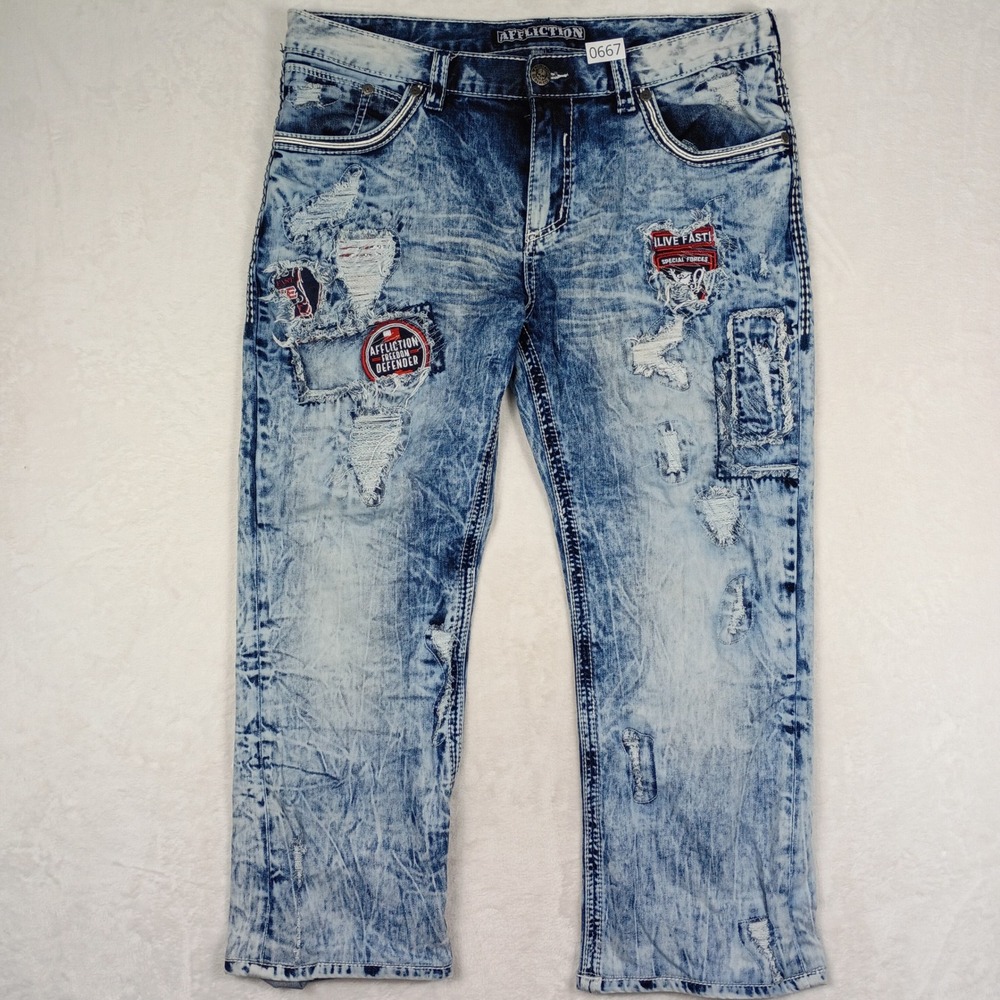 Affliction Blake Jeans Mens 38 Blue Distressed Acid Wash Patched  Rock Punk